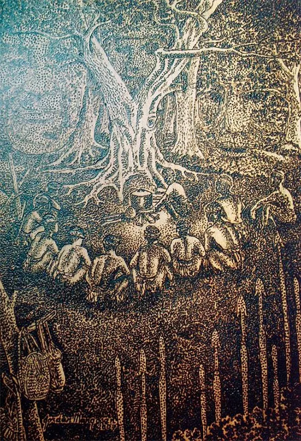 Seniman yang sedang menghias kanvas dengan warna-warna cerah