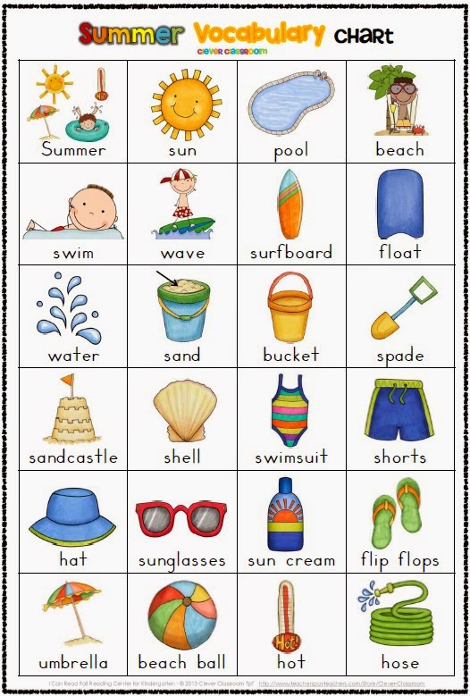 Summer Themed Vocabulary Cards with Record Sheets