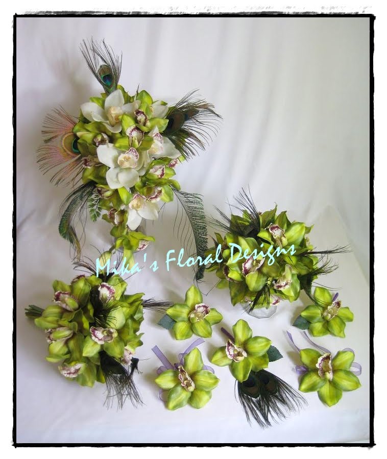 Latex Green Orchid and Peacock Feather Arrangements