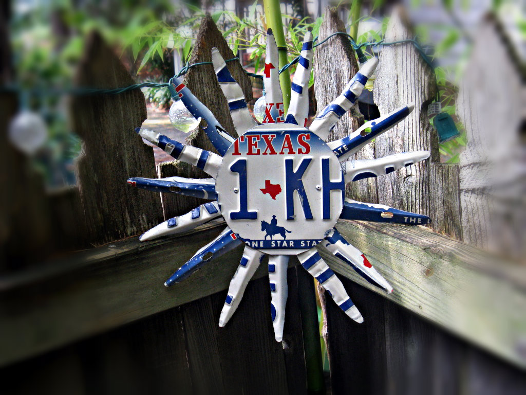 Upcycled Decorative Texas License Plate Garden Art Sun