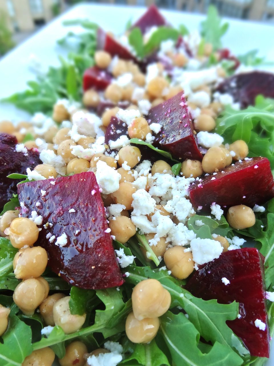 Scrumpdillyicious Roasted Beet, Chickpea & Arugula Salad with Chèvre