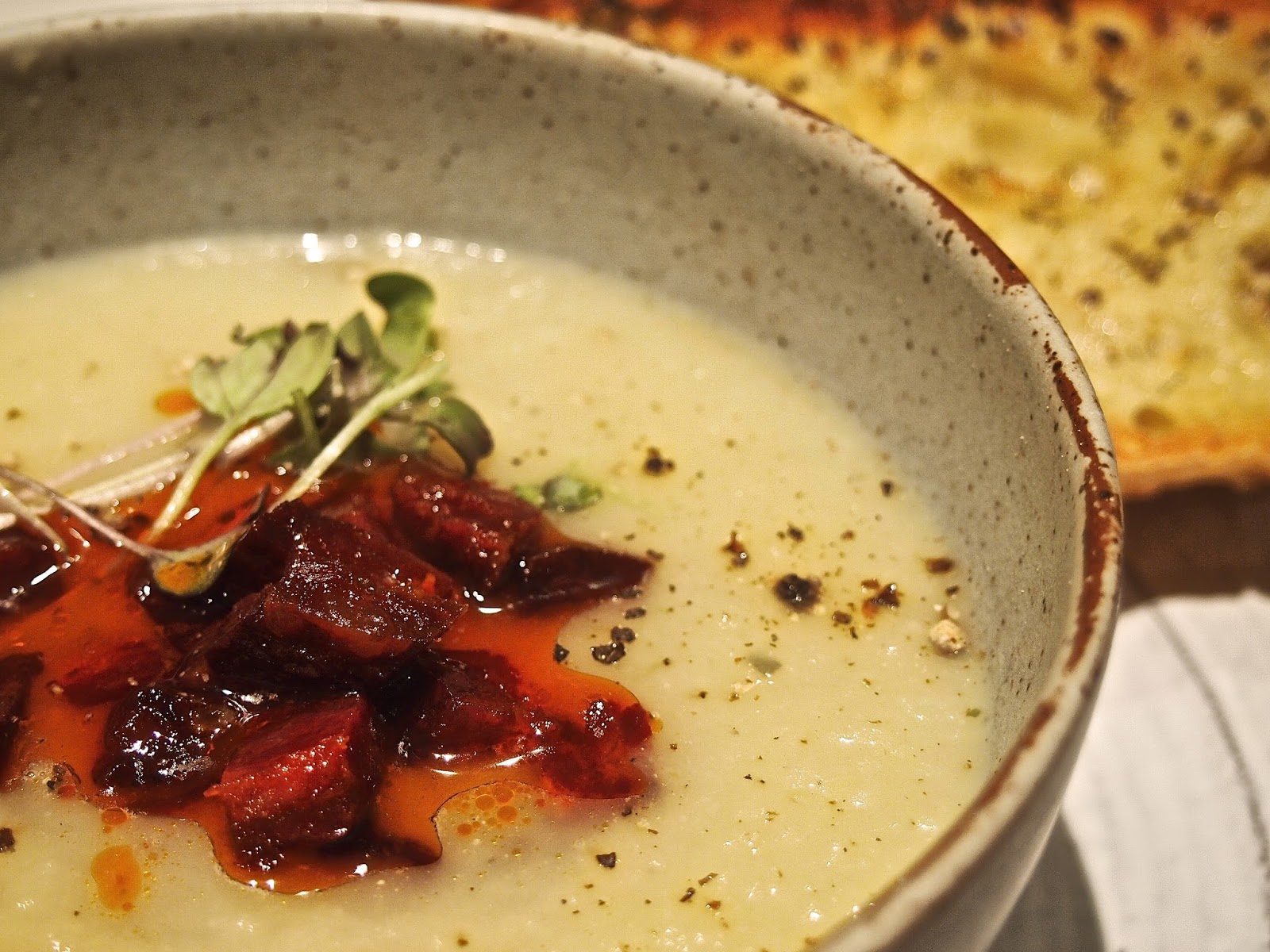 EpiCurious Generations Thick Leek and Celery Root Soup with Rendered