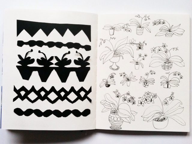 2x2 Sketchbook, sketchbooks, orchids, cut paper, black and white, Dana Barbieri, Anne Butera