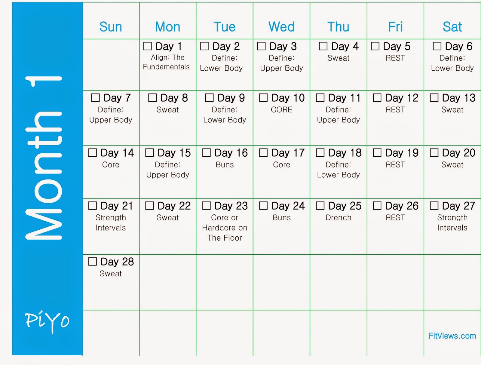 10 Minute Printable piyo workout calendar for Gym