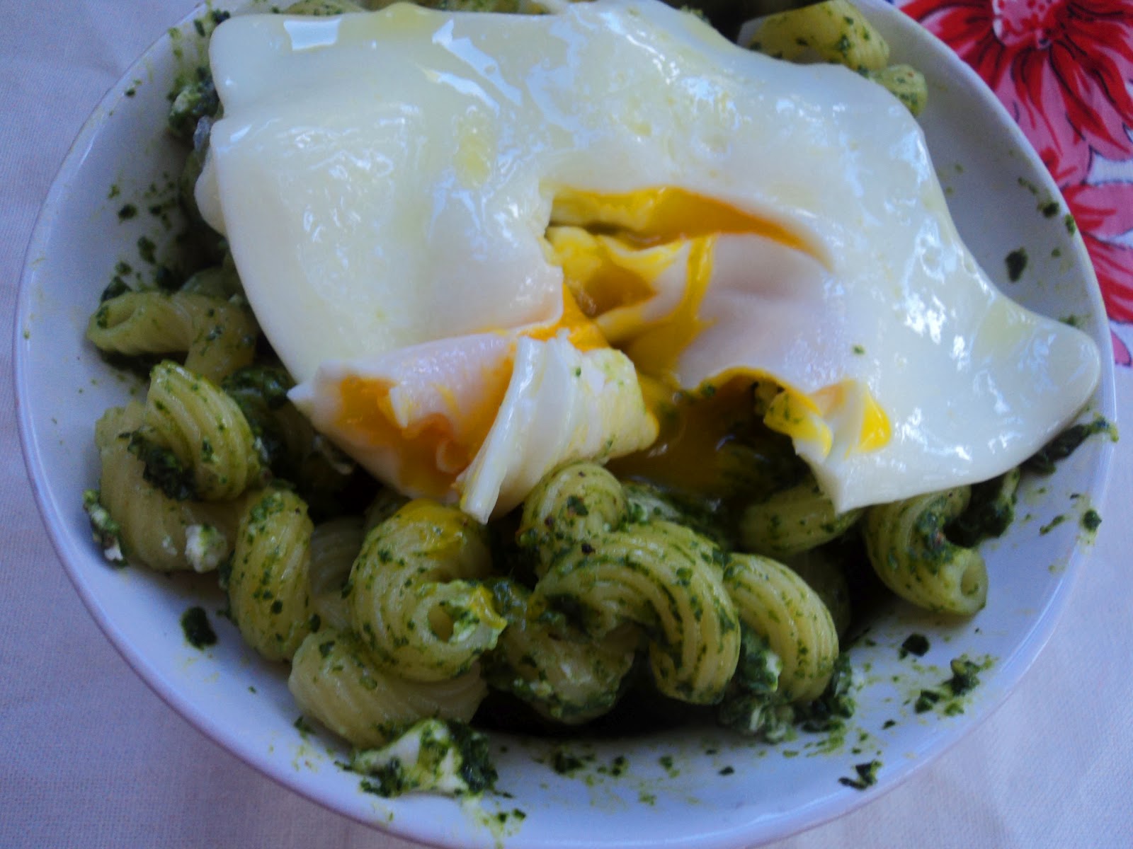 Sweet & Salty Southern Comfort Pesto Pasta with Fried Egg & Goat Cheese