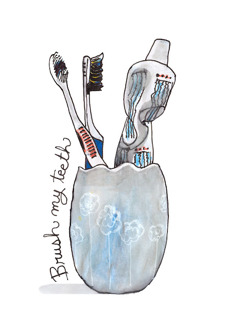 Brush My Teeth - Toothbrushes and  Toothpaste Watercolour and Ink by Ana Tirolese ©2012