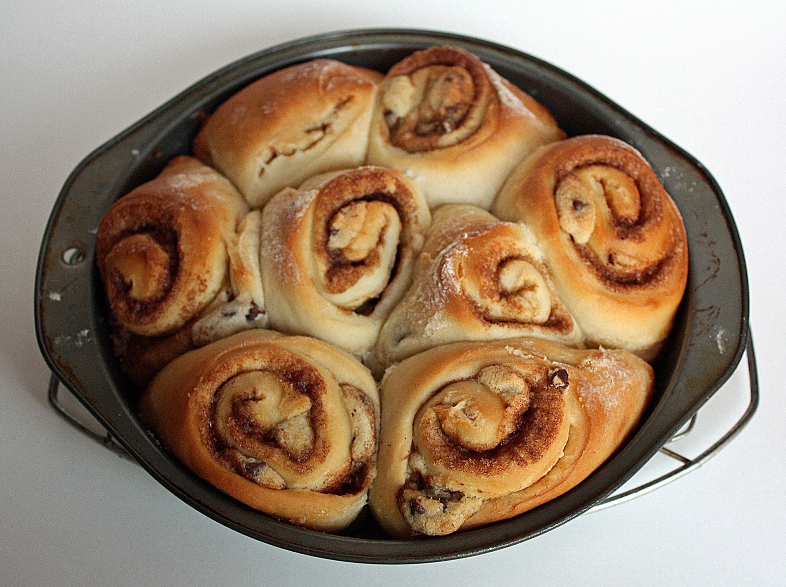 Chocolate chip cookie doughstuffed cinnamon rolls with brown sugar