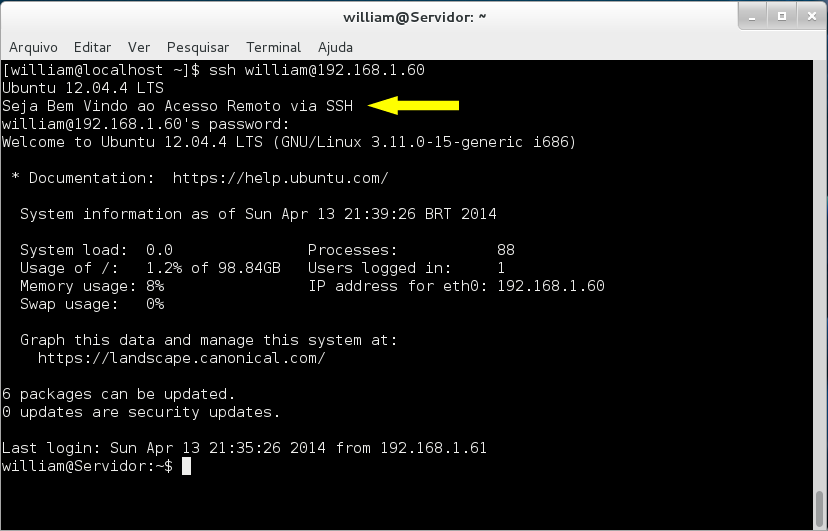 Testando conexão SSH no terminal do Fedora Testando conexão SSH no terminal do Fedora