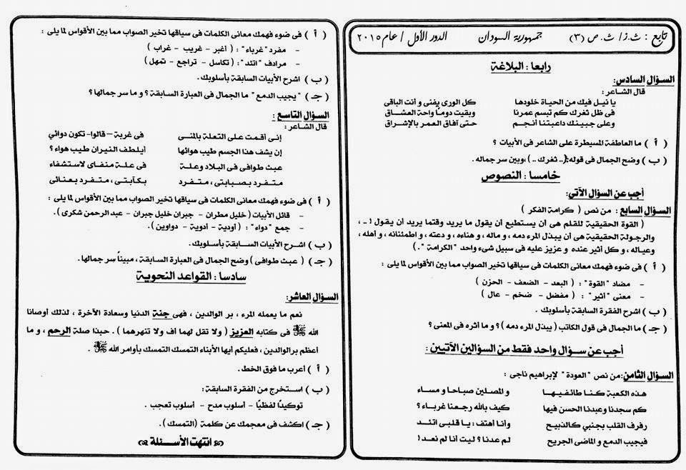 امتحان لغة عربية (جميع التخصصات) 3 ثانوي صناعى السودان 2015