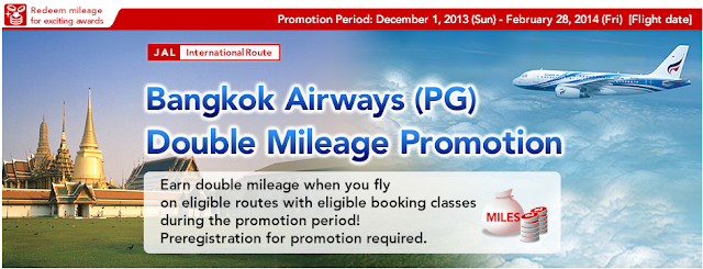 JAL Mileage Bank members will earn double miles on qualifying Bangkok Airways flights