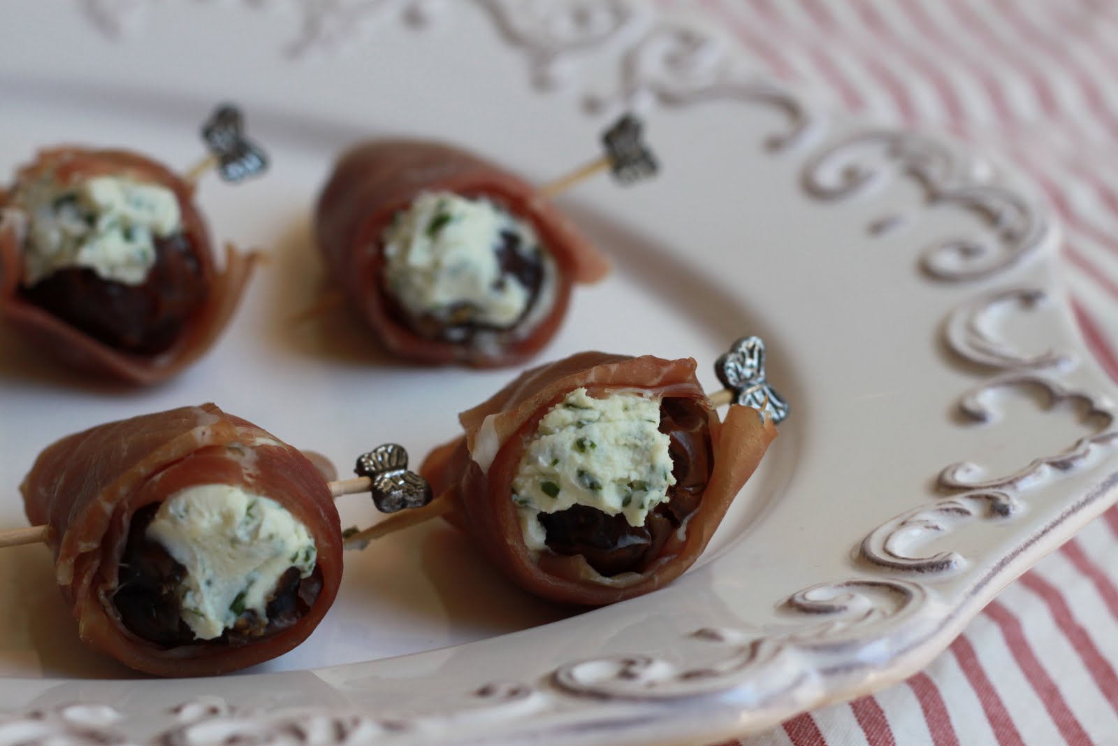 Epicurean Mom Goat Cheese Stuffed Dates with Prosciutto