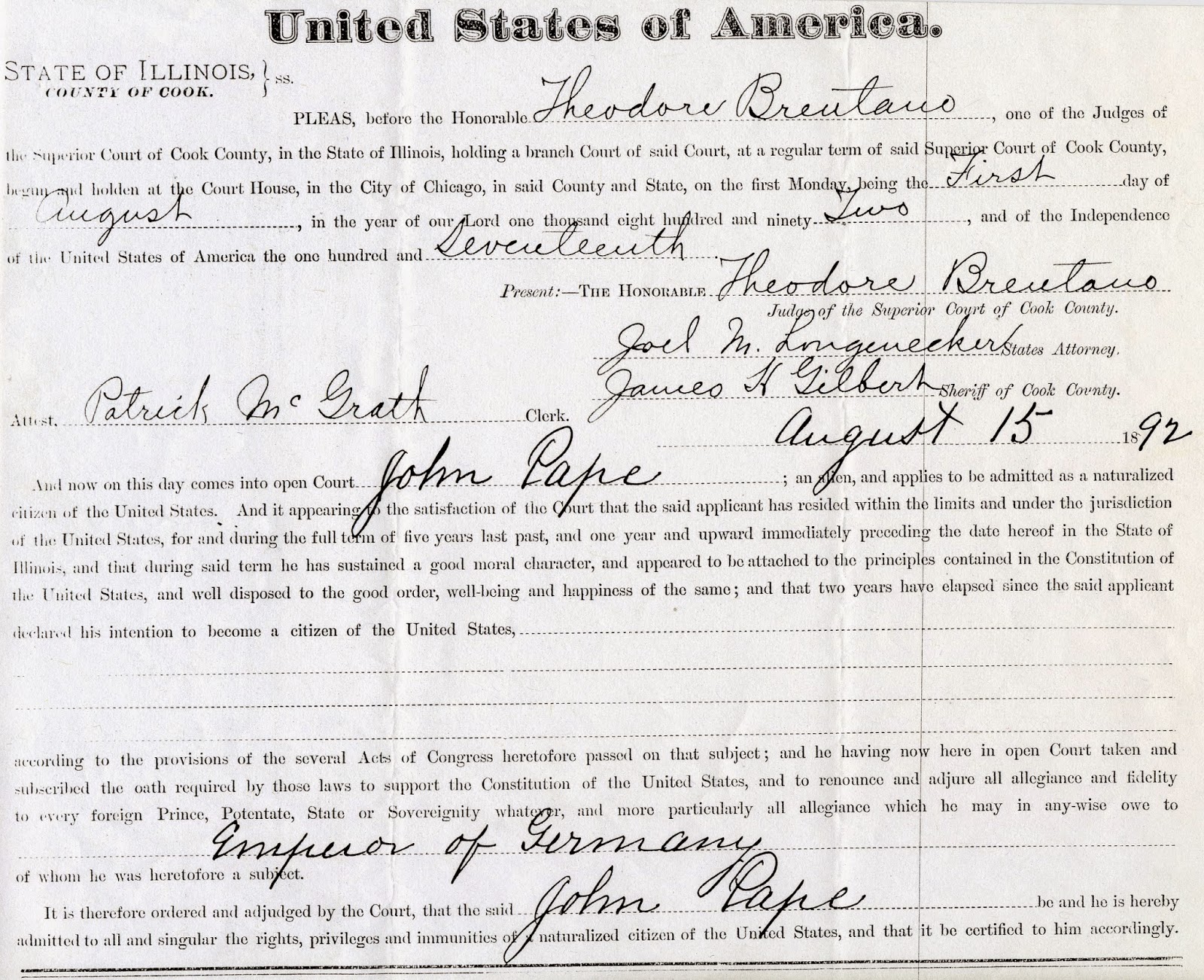 ABT UNK Wordless Wednesday John Pape's Naturalization, August 15, 1892