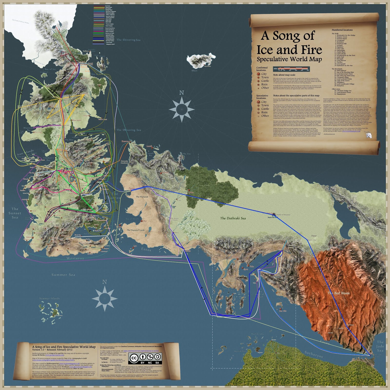 DVN61 Detailed Map of Character travels from A Song of Ice and Fire