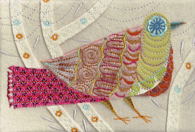 Pink Cuckoo Machine Embroidery using velvets and silks, applique, wool base