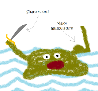 Algae with mouth wide open and arms raised.  Sharp sword in one hand, large bicep evident in second arm.
