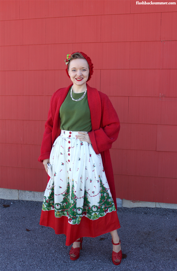 DYING over this outfit!  Christmas novelty skirt for the win!  I love the 1950s style.