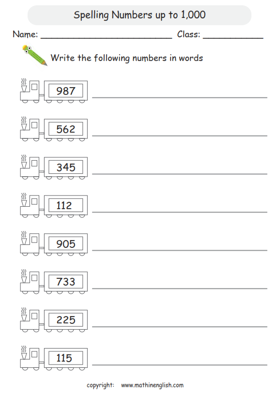 Grade 2 Math worksheets - Numbers up to 1,000 - Spelling Number words
