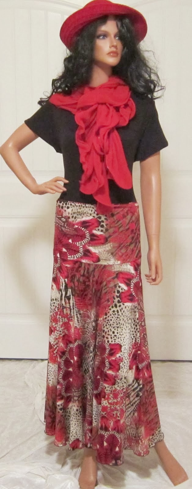 Abstract Red, Brown, black, and tan animal print stretch knit jersey maxi skirt