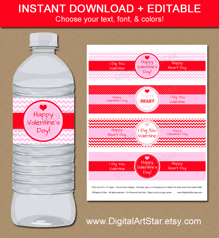 Digital Art Star Printable Party Decor New Editable Valentine's Day Water Bottle Labels
