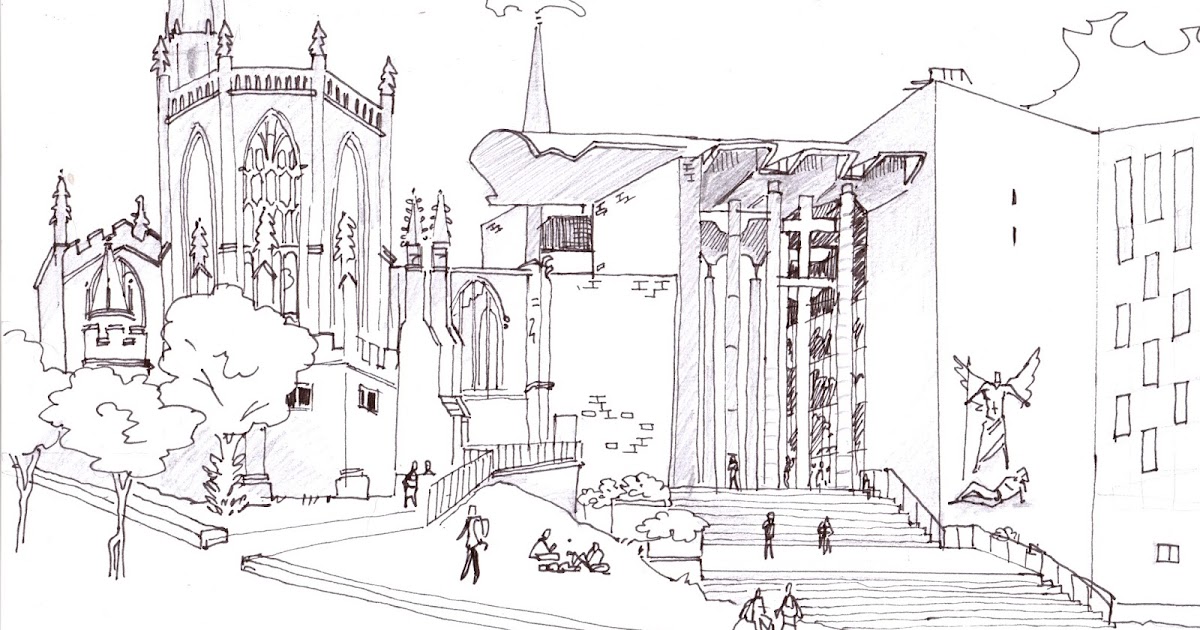 My Sketchblog Coventry University Square with Coventry Cathedral sketch