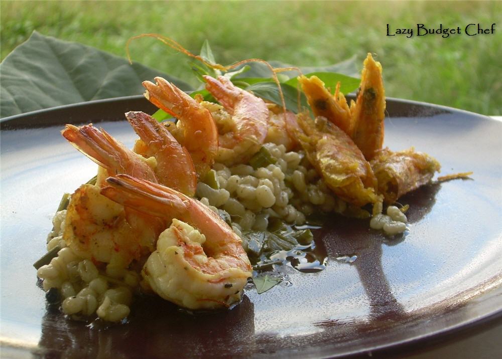 Lazy Budget Chef Shrimp Sauté with Leeks and Barley Risotto
