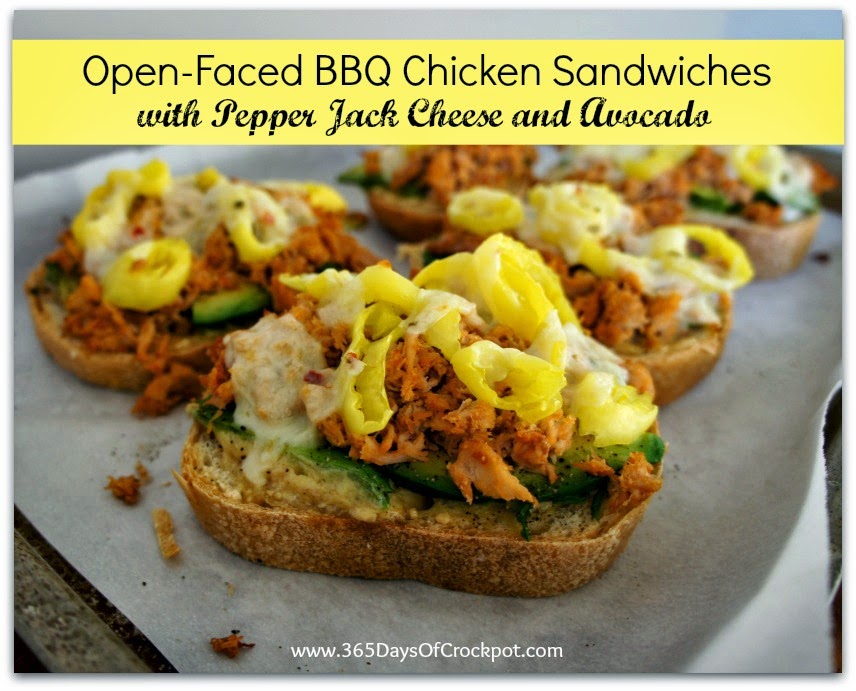 Recipe for Slow Cooker BBQ Chicken OpenFaced Sandwich with Pepper Jack