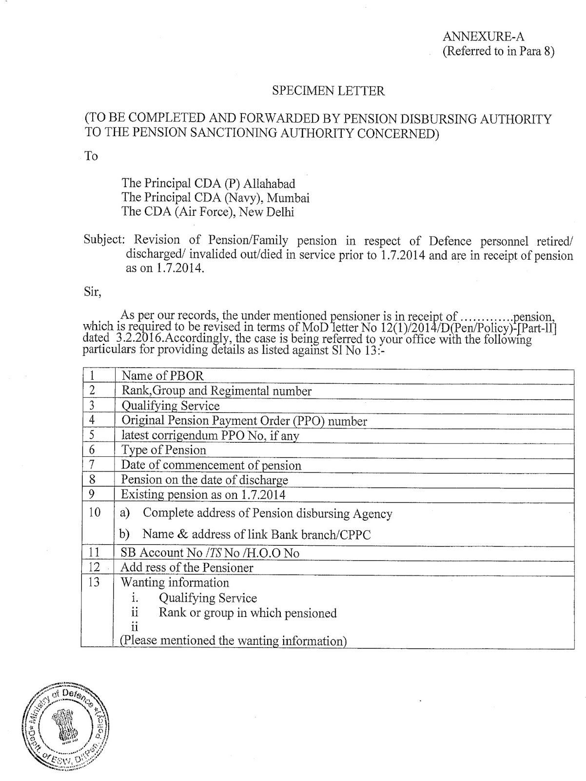 One Rank One Pension to the Defence Forces personnel DESW Circular