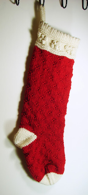 hand knit red stocking wool chunky Christmas cream
