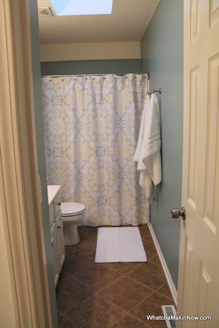 guest bathroom makeover - aqua, white, gray, yellow - @whatchamakinnow