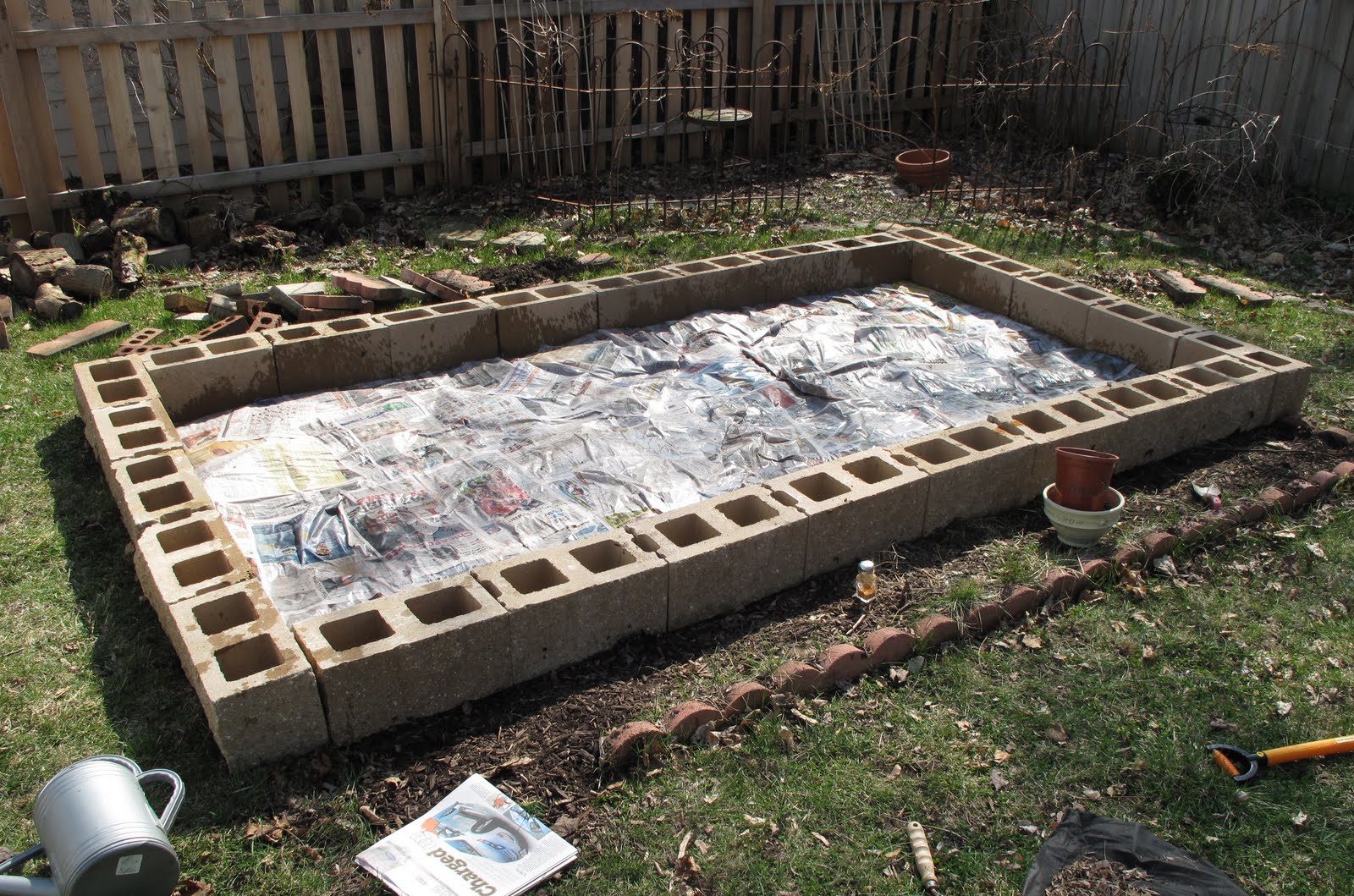 raised garden brick block cinder flower concrete blocks beds wet gardens outdoor place ready breeze planter pavers side newspaper had