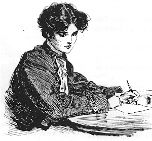 A victorian woman with dark hair contemplates the first line of her blank letter. 