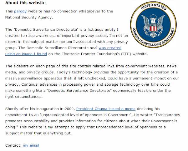 Domestic Surveillance Site makes fun of OBAMA adminstartions transperency policy through parody of National Security Agency (NSA) website