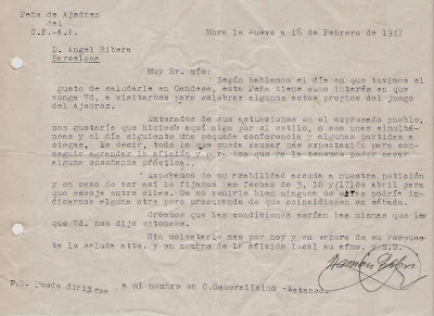 Carta de la Peña de Ajedrez del C.F.A.F. de Mora la Nueva en 1947