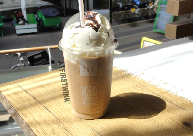 McDonalds iced frappé chocolate chip: ice coffee with crushed ice, whip cream, a mix of caramel and chocolate sauce, and little bits of chocolate