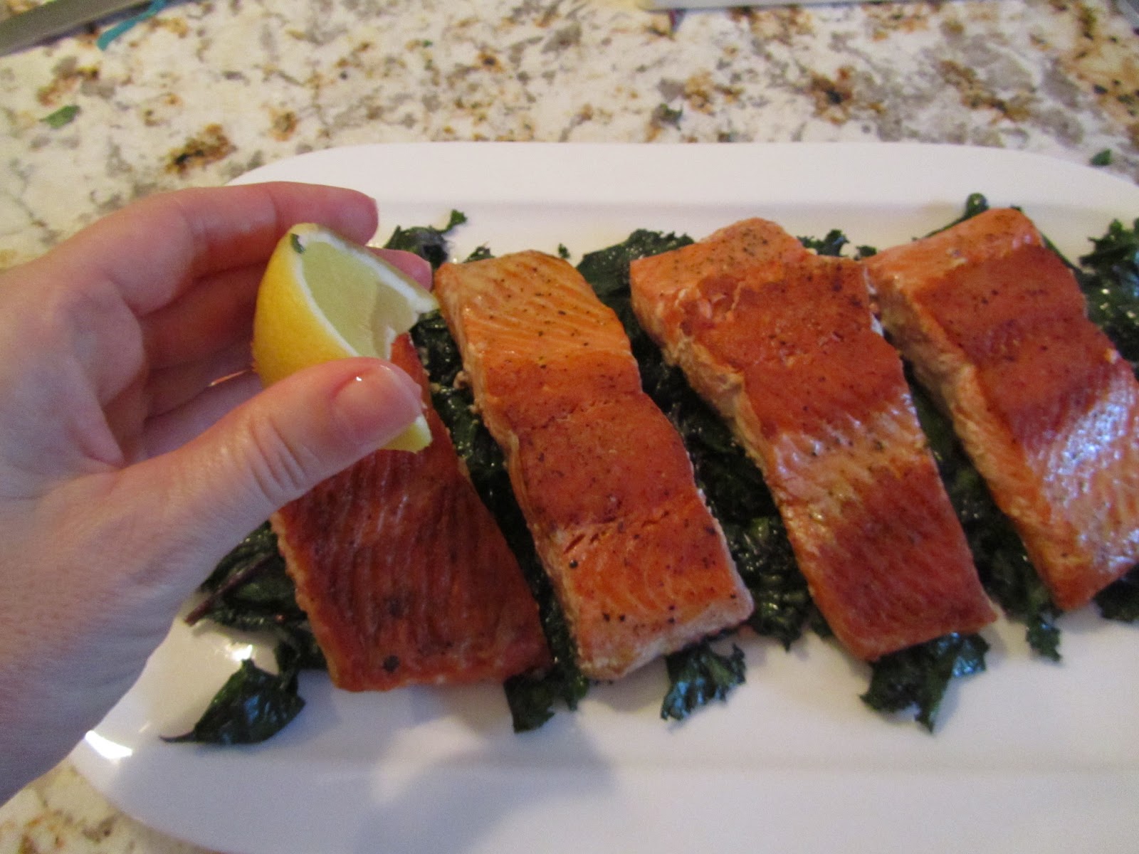 Loaves n Dishes TOMATO PARMESAN SALMON with SAUTEED KALE