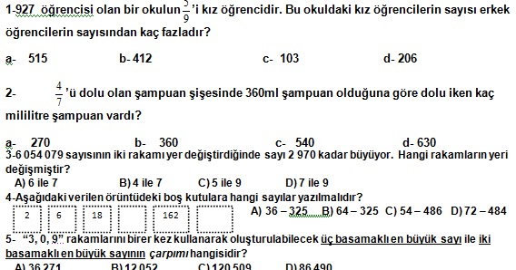 5. Sinif Matematik 2. Dönem 1. Yazılı Sınav Soruları - Ödevvar,oguz