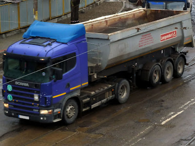 Scania 124L 420 4x2 Blue + Dump Trailer With One Lifted Axel