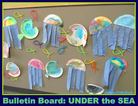 photo of: Ocean Bulletin Board of Jellyfish and Fish (on paper plates) for Summer Arts and Crafts at "PreK+K Sharing" 