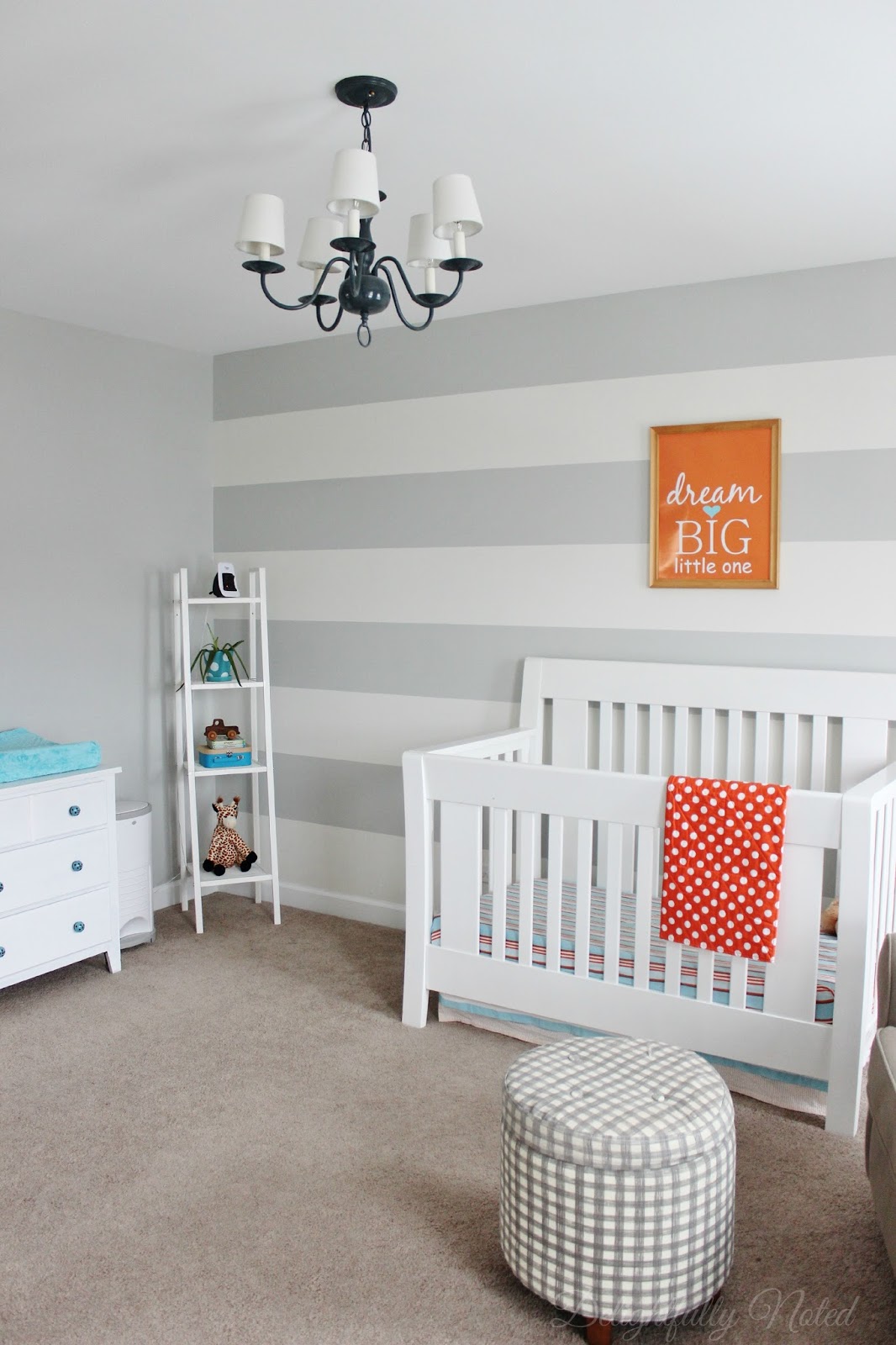 Aqua, Orange, and Grey Nursery with Stripe Wall and Lots of DIY Projects #nursery #diy