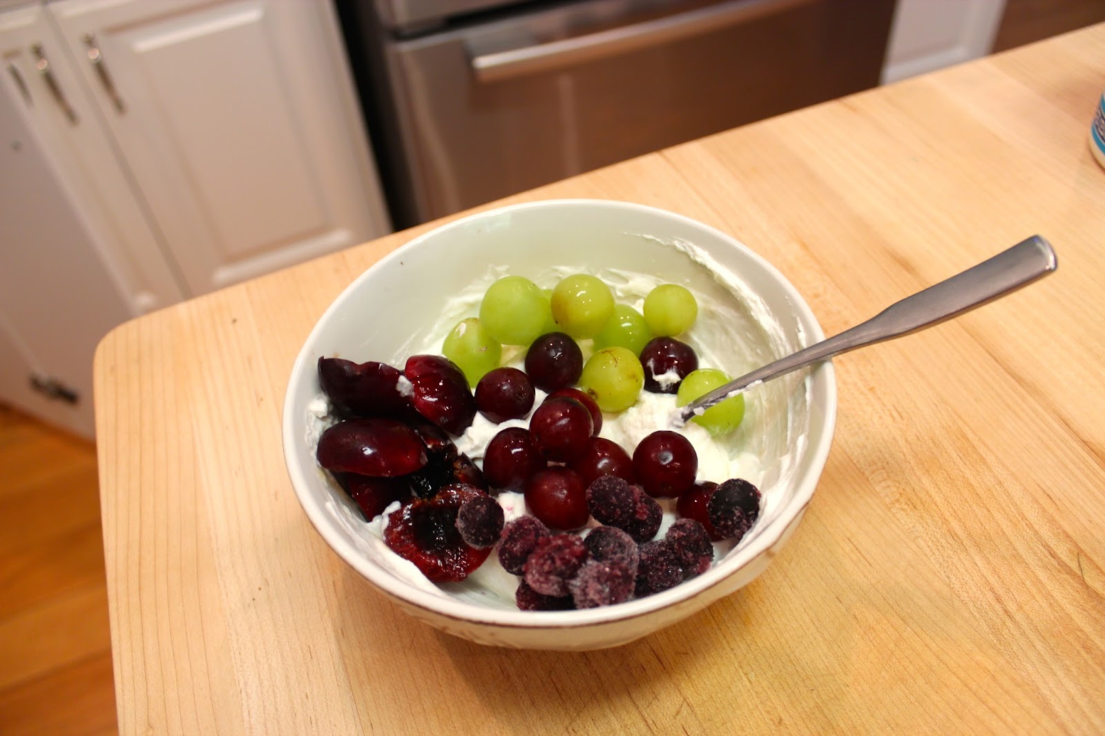 A Touch of Sanity... Action Packed Snack Greek Yogurt with Grapes, Cherries and Berries