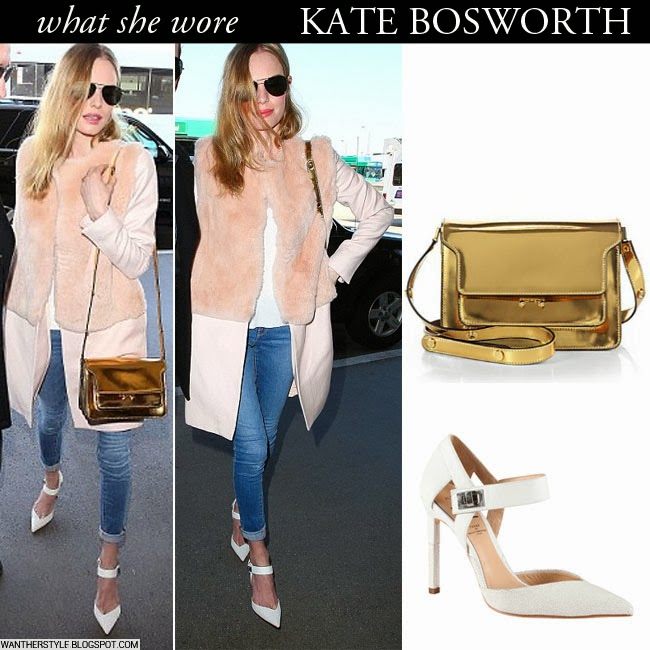 WHAT SHE WORE: Kate Bosworth with gold shoulder Marni bag and white Aldo  pumps at LAX on February 10 ~ I want her style - What celebrities wore and  where to buy