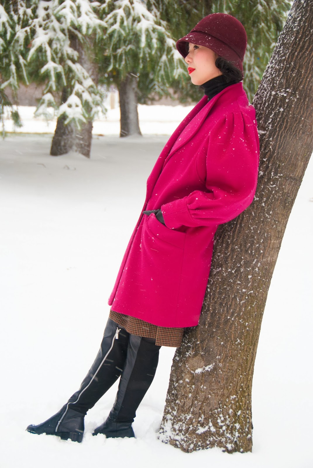 fuchsia coat red lips black turtleneck maroon cloche leather gloves boots michael kors bromley wool skirt snow winter fashion