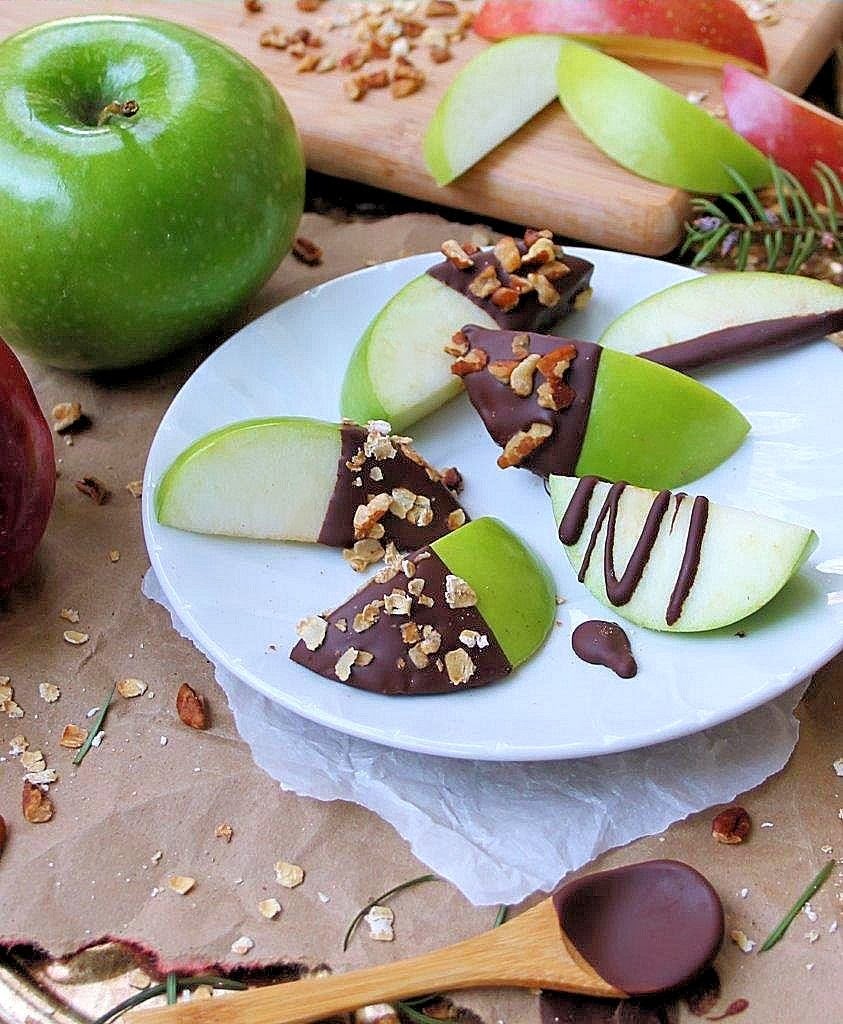 Chocolate dipped Apple Wedges with Cinnamon toasted Oatmeal and Pecan