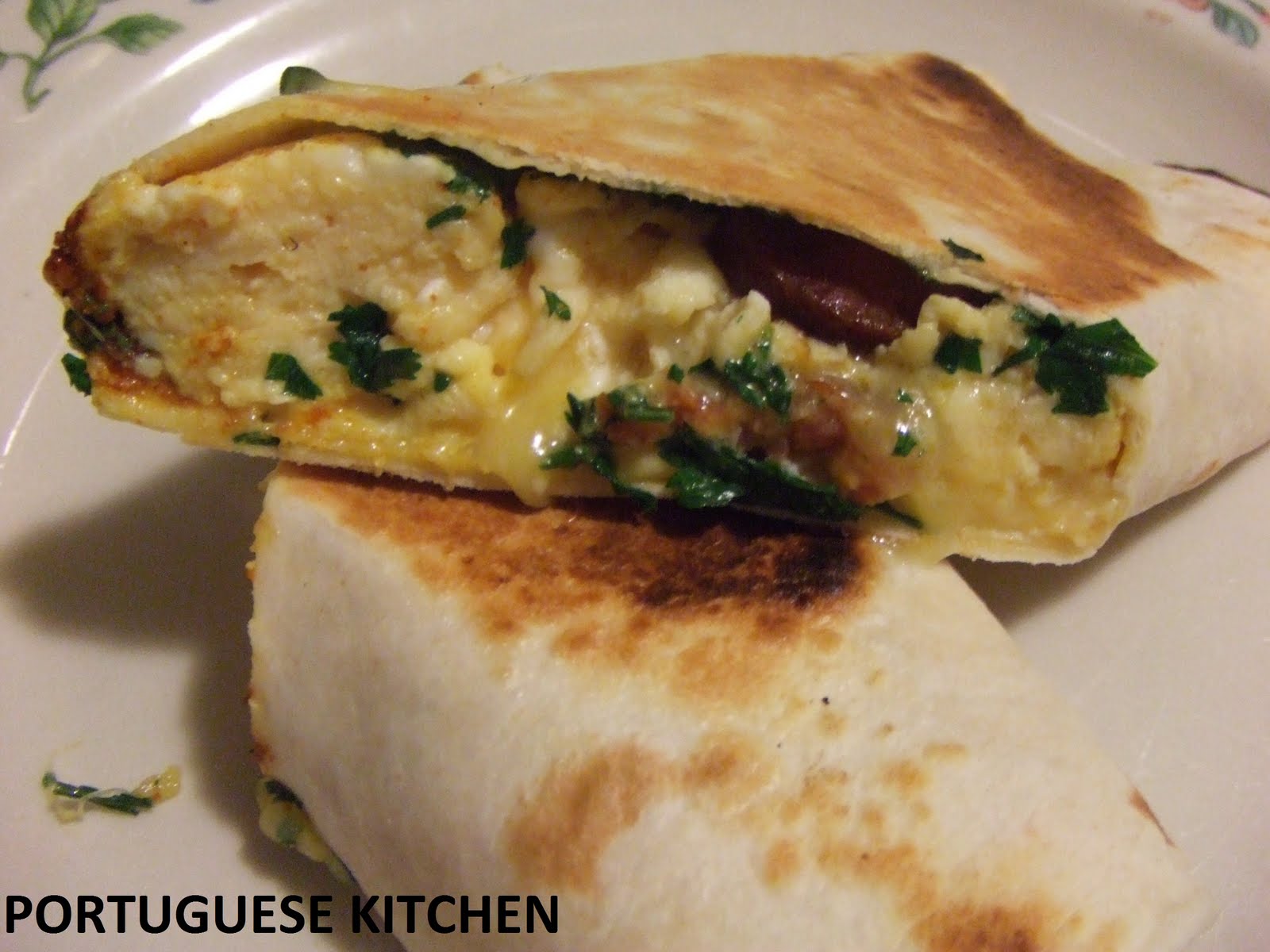 Portuguese Kitchen Chorizo,Scrambled Egg Tortilla Wrap with Tomato