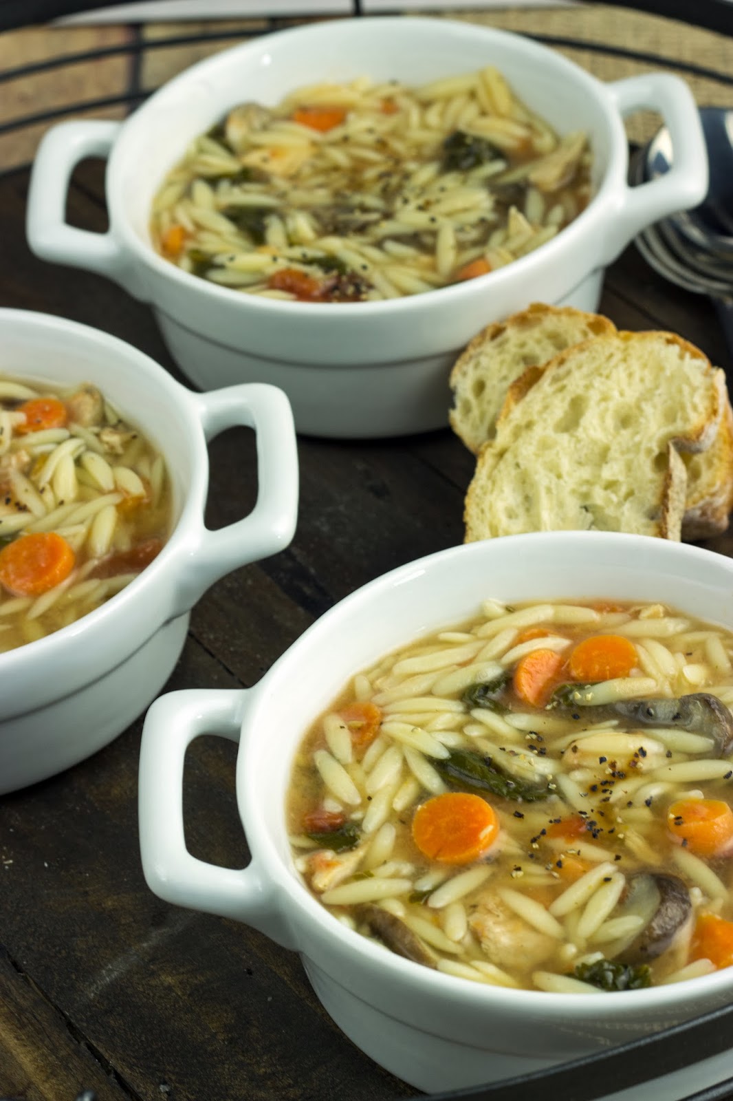 Spinach Chicken Orzo Soup Cooking on the Front Burner
