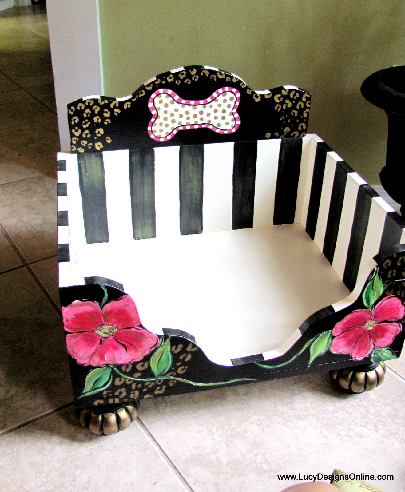 Hand Painted Dog Bed, Luxury Designer Floral Animal Print Dog Bed Lucy Designs