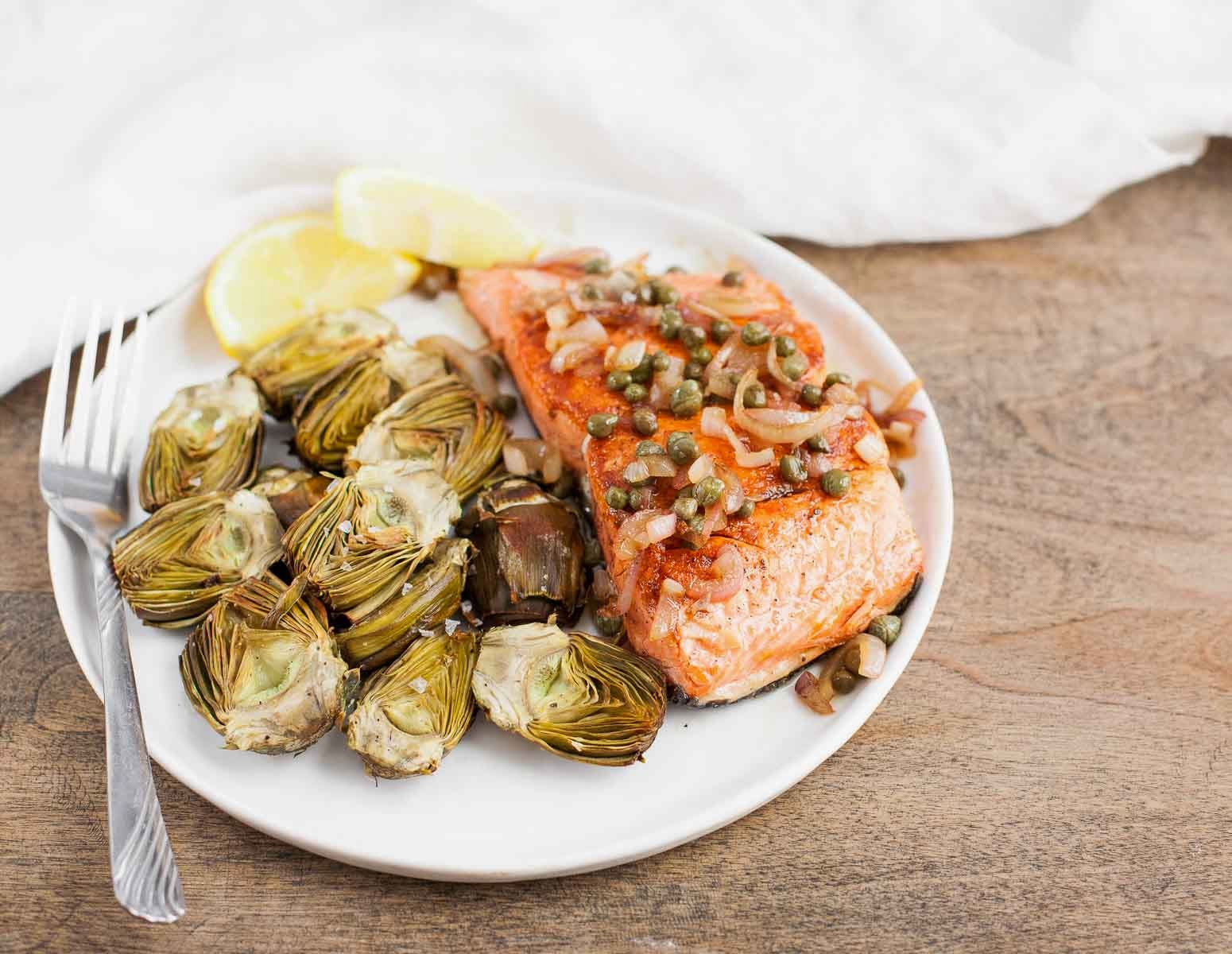 Pan-Seared Salmon with Capers and Baby Artichokes | acalculatedwhisk.com A delicious paleo meal that takes less than 30 minutes to make!