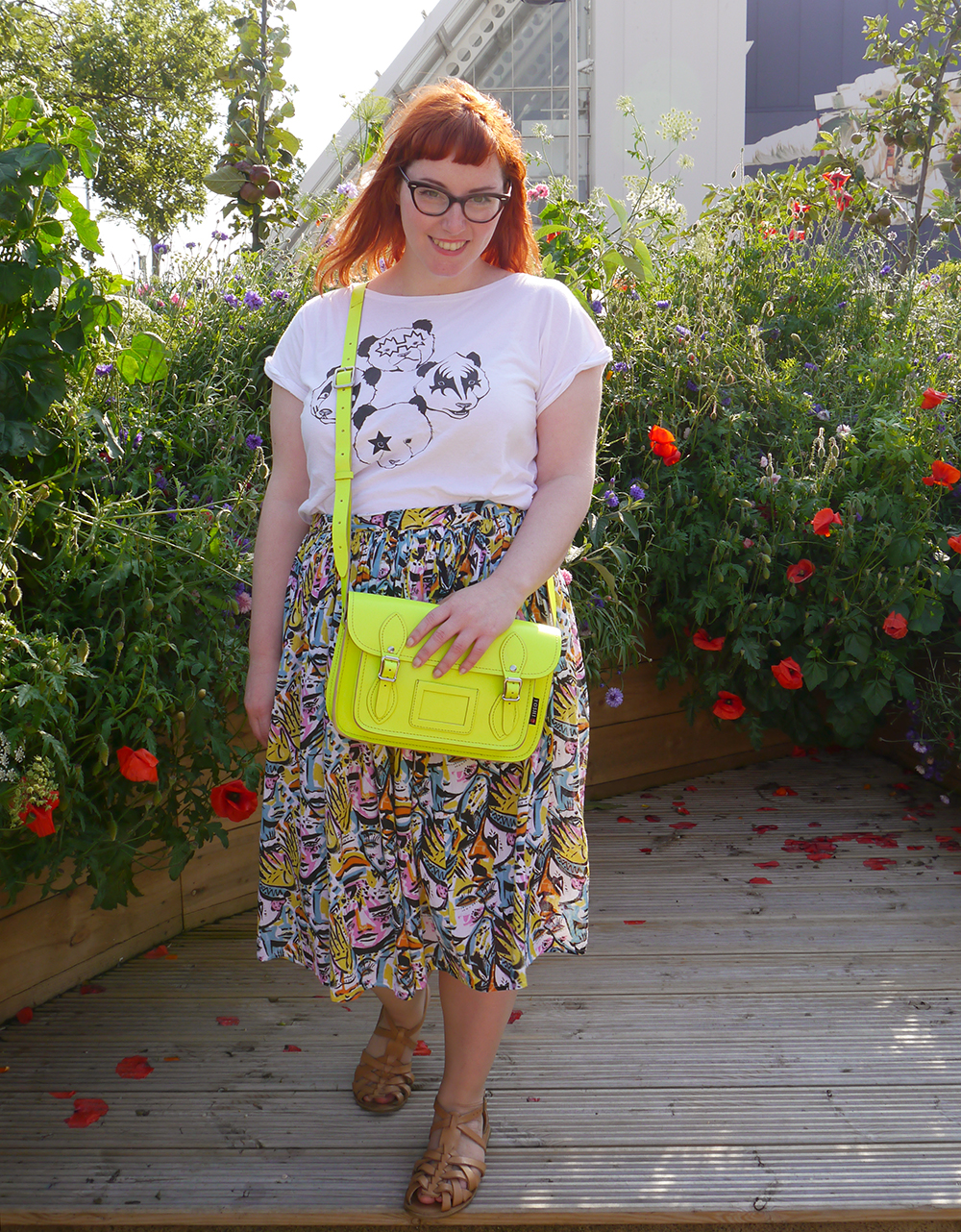 Styled by Helen, Wardrobe Conversations, Scottish Blogger, neon, bright outfit, colourful outfit, Brat and Suzie, panda Kiss tshirt, Monki x Lynnie Zulu skirt, Yoshi Neon satchel, topshop sandals, red head, ginger blogger, Dundee blogger