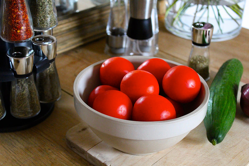 Fresh tomatoes and gadgets by Cole + Mason from John Lewis Greek salad recipe from The Mount Athos Diet