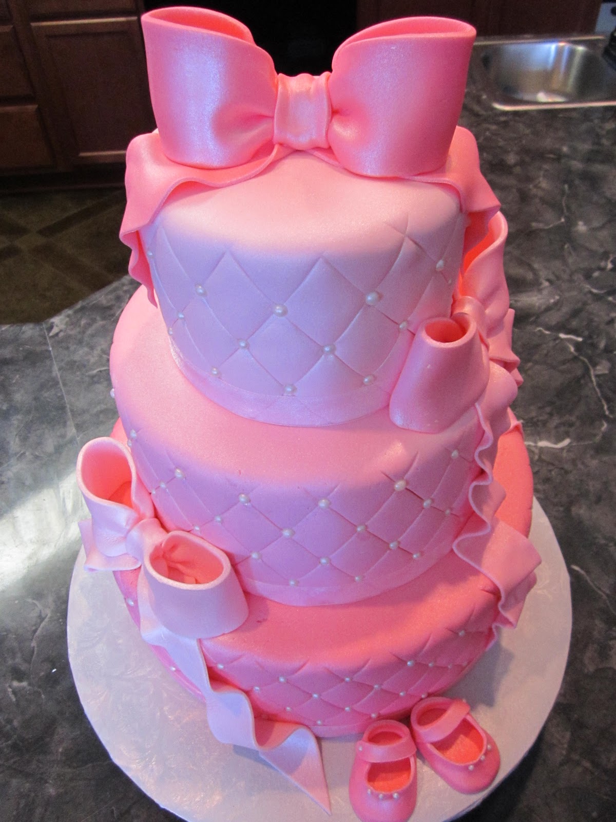 MyMoniCakes: Three Tier Quilted Pink & Pearl Baby Shower Cake with Booties & Bows